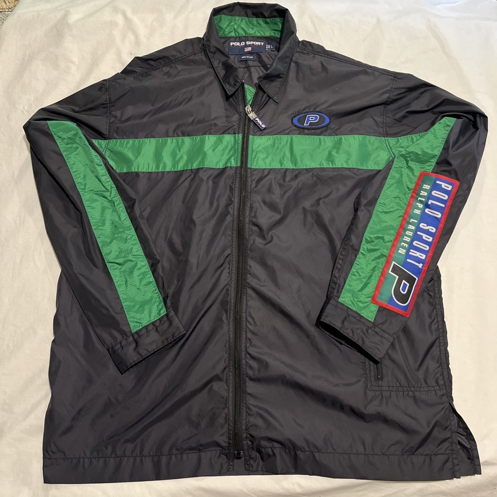 Rare 90s POLO SPORT RALPH LAUREN Large Racing Nylon Jacket Black Green F/S